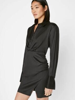 Frame Black Linen Blend Longsleeve Mini Twist Dress in Noire Size XS